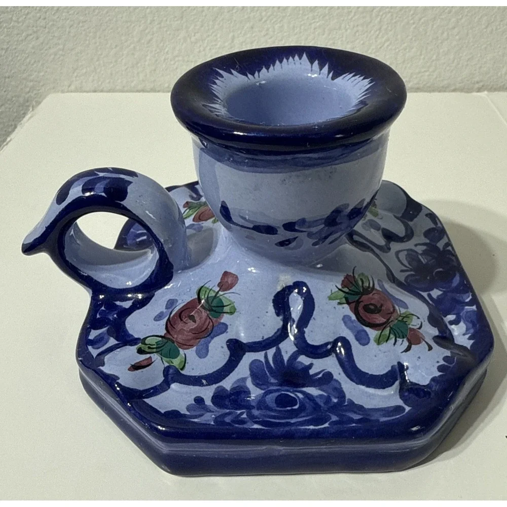 Vintage Portugal Hand Painted Ceramic Single Candle Holder Signed Handpainted‎